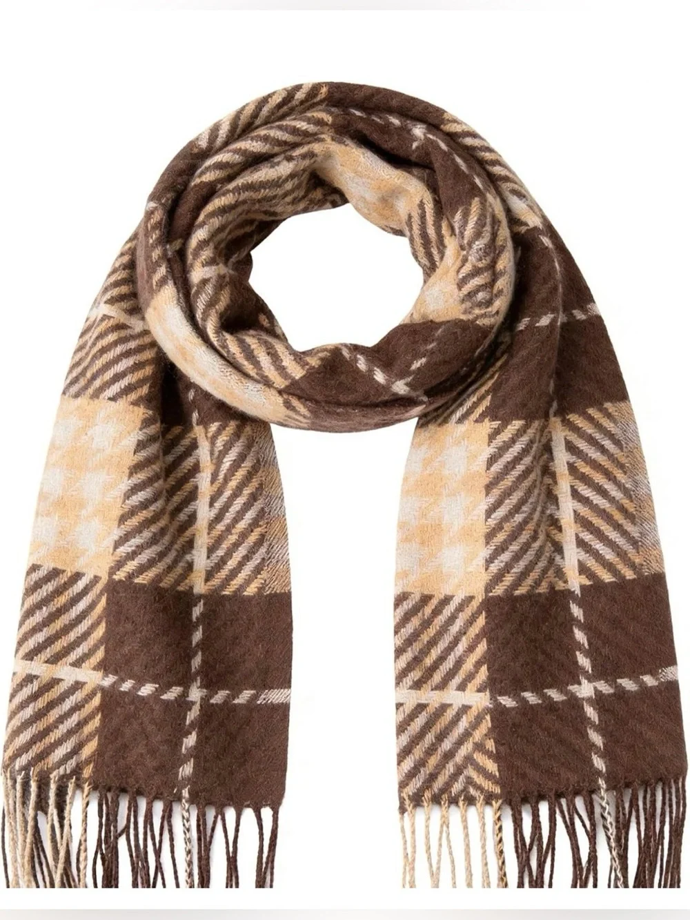 Women’s Fashion Tartan Brown Plaid Fringe Scarf 25x78 inches